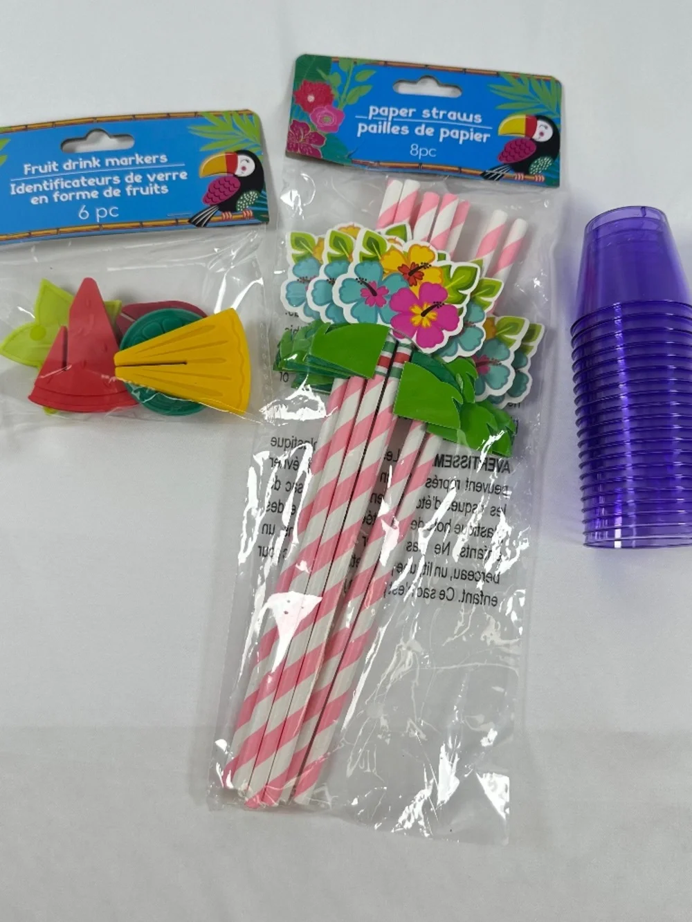 Party, Paper Tropical Straws, Fruit Markers, Purple Plastic Shot Glasses (20)
